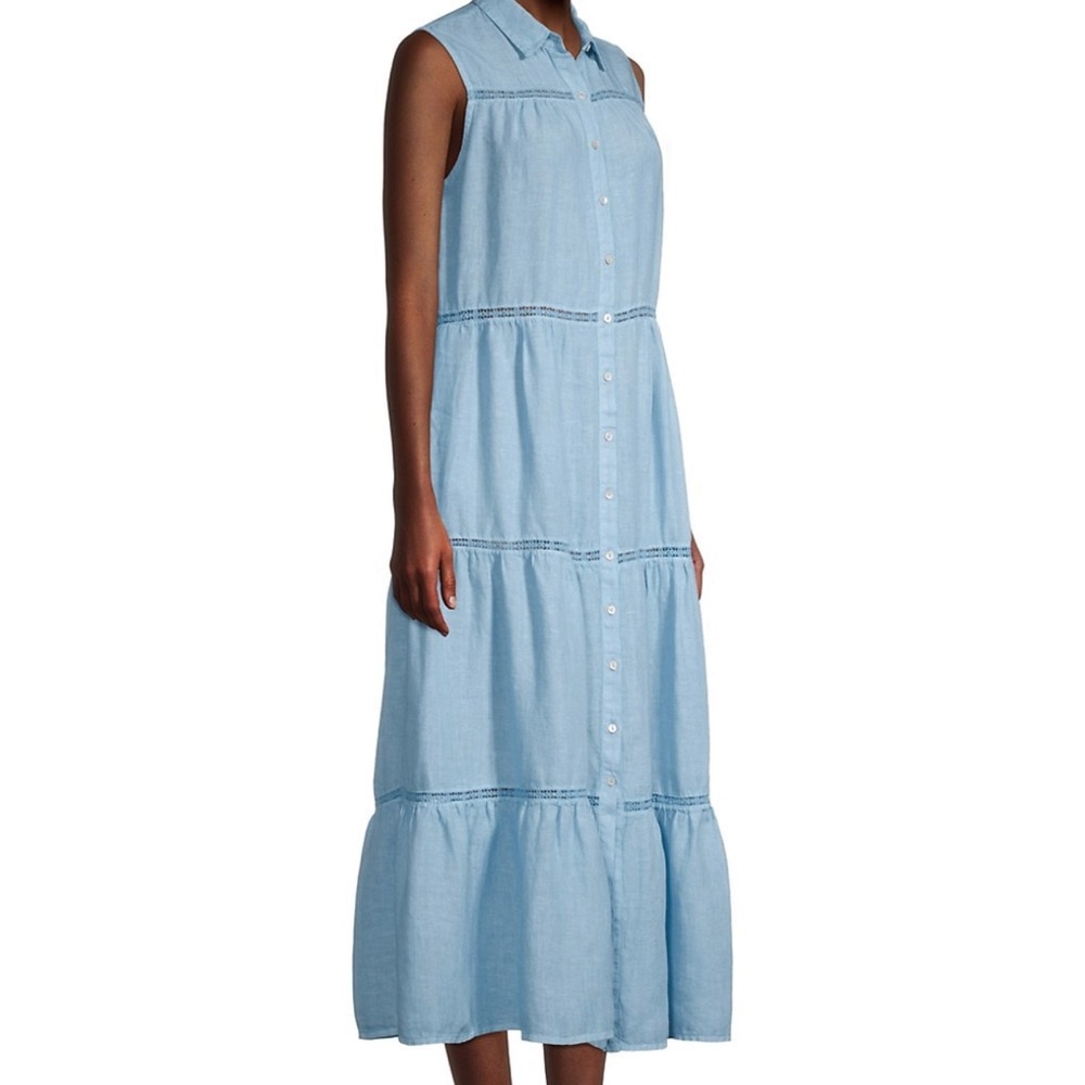 120% Lino Sleeveless Dress, Picot Embroidery Linen Maxi Shirtdress Size Large